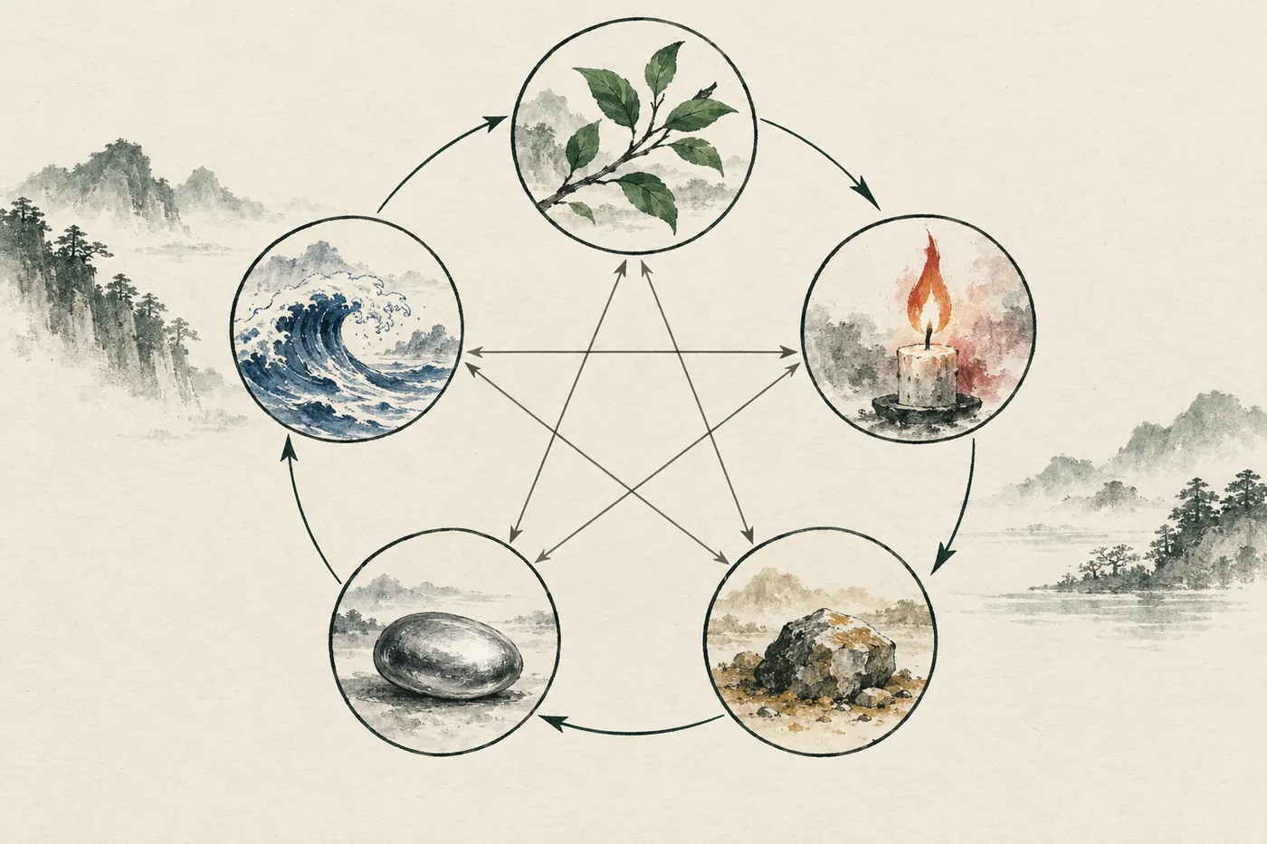 Illustration à l'encre : cinq vignettes rondes (branche, flamme, roche, galet, vague) reliées par un cercle fléché et une étoile